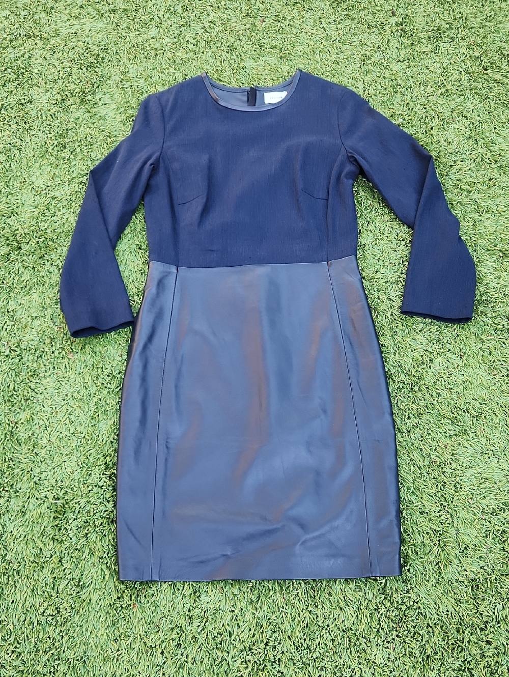 Jigsaw Navy Two-Tone Long Sleeve Sheath Dress with Leather Skirt